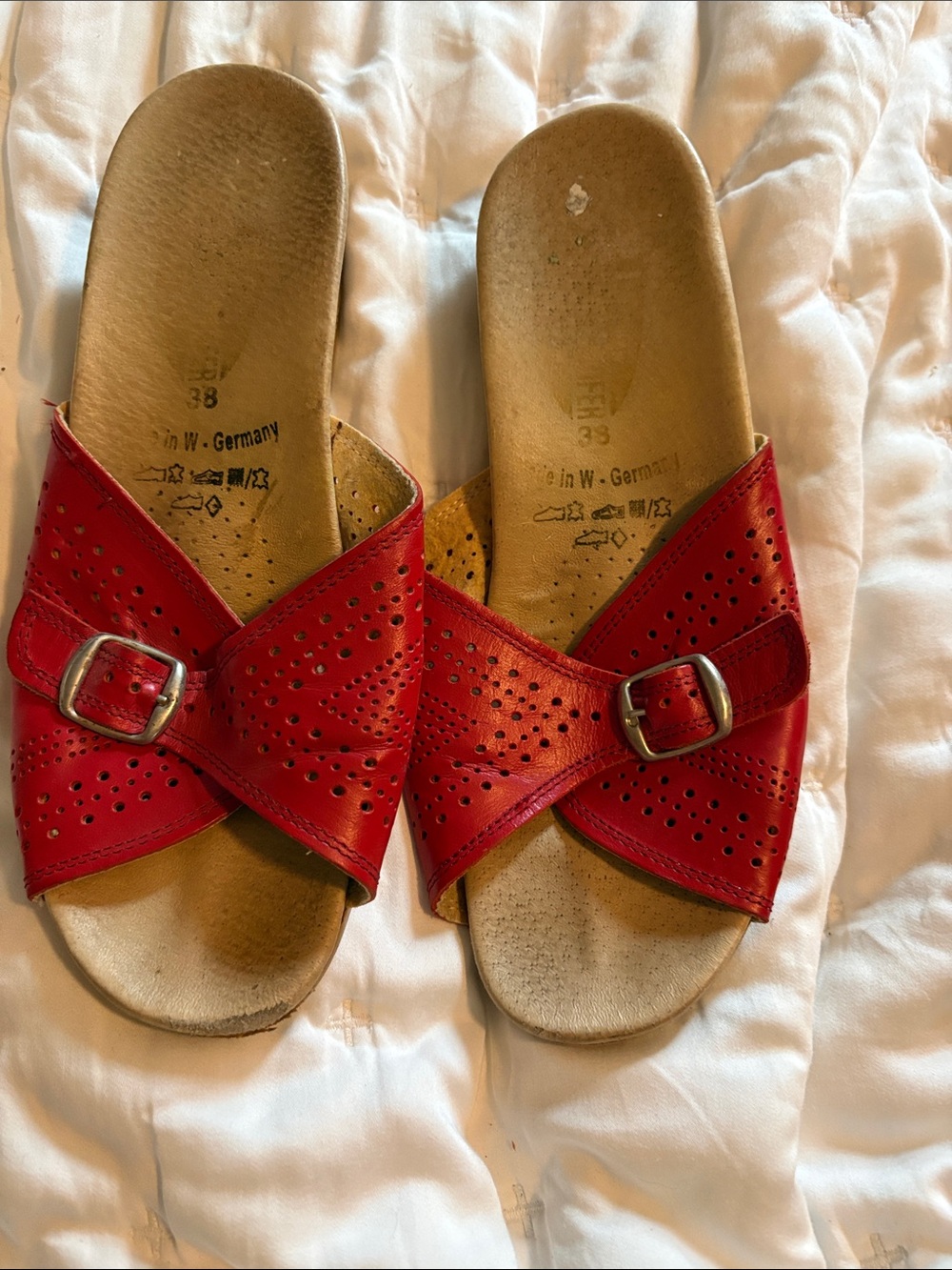 Red Leather Cross-Strap Women's Slide Sandals 38